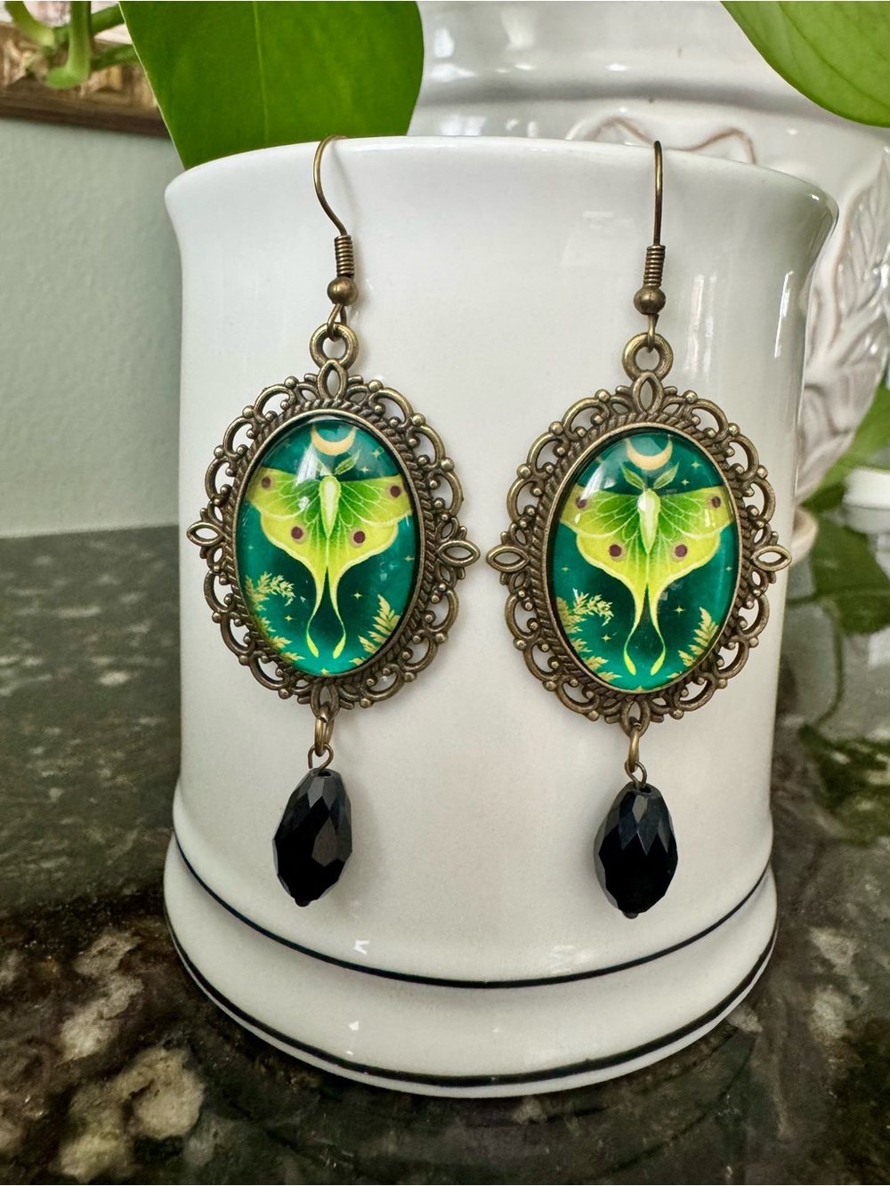 Green Luna Moth Vintage-Style Dangle Earrings 2” long - Picture 8 of 8